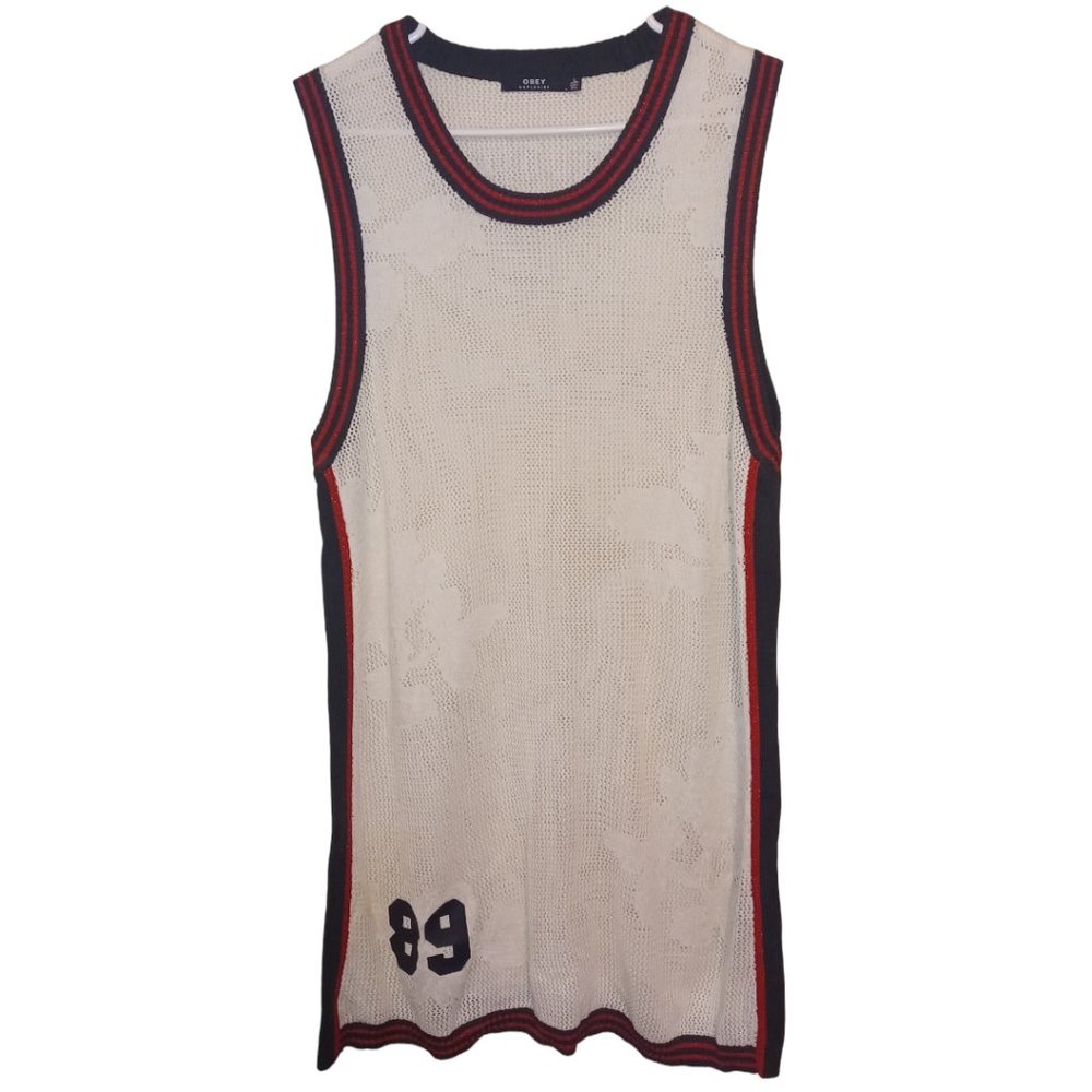 Obey Mesh Tank Dress w/ Floral Embroidery Size Lg Black White Red